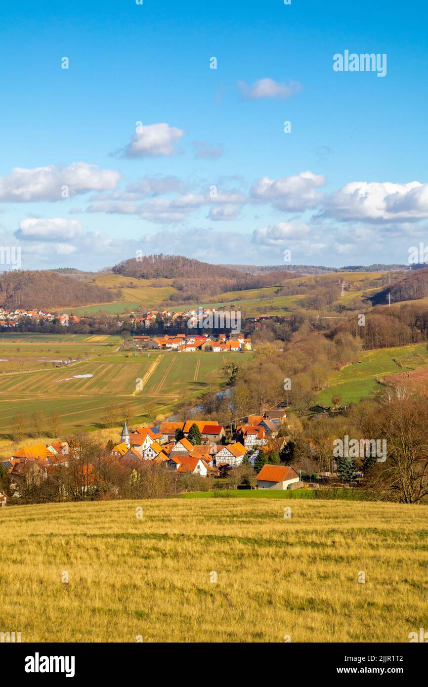 Un colpo verticale di prati e architettura nella valle di Werra, Lauchroeden, Germania Foto Stock