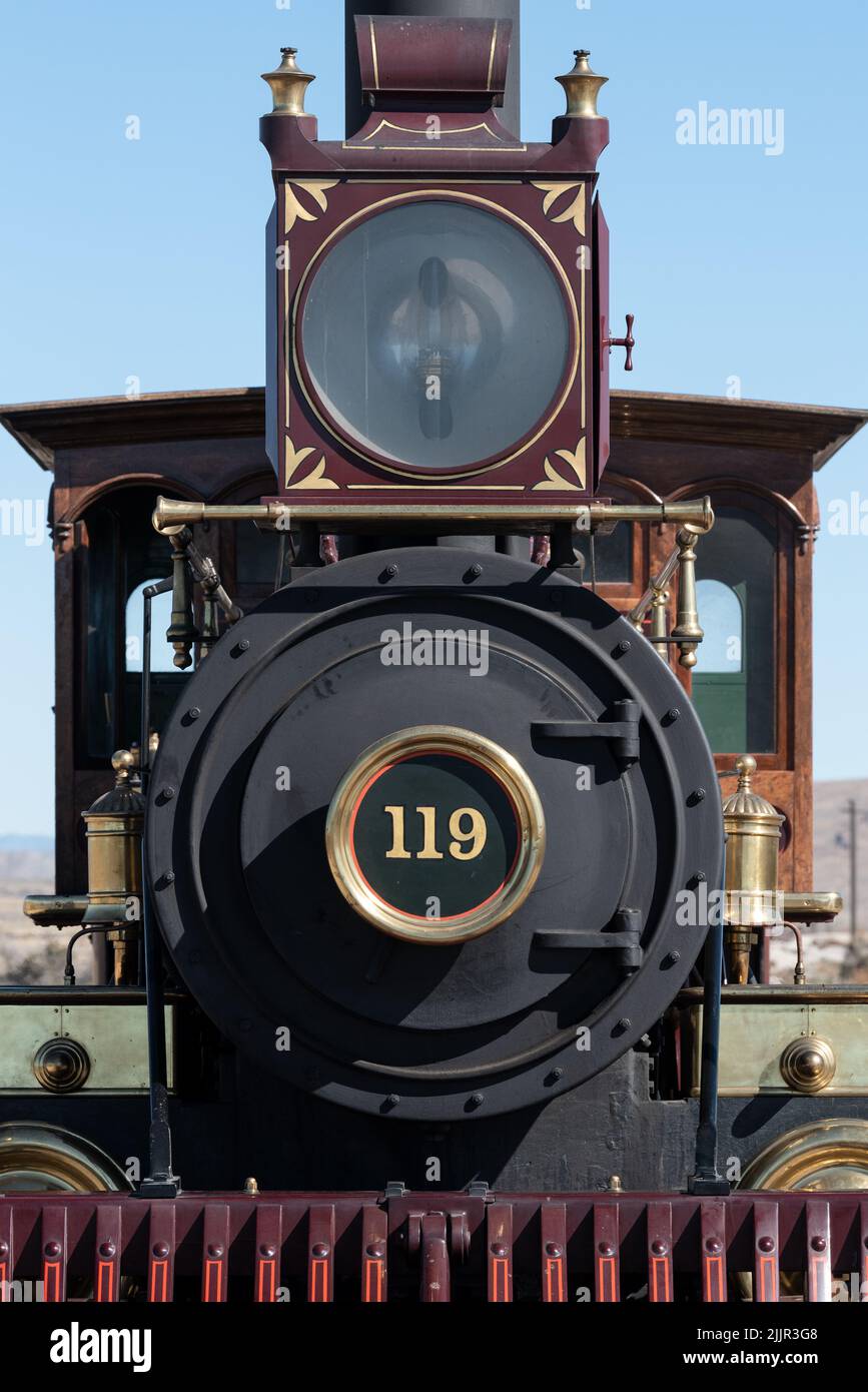 Locomotiva 119 replica al Golden Spike National Historic Park, Utah. Foto Stock
