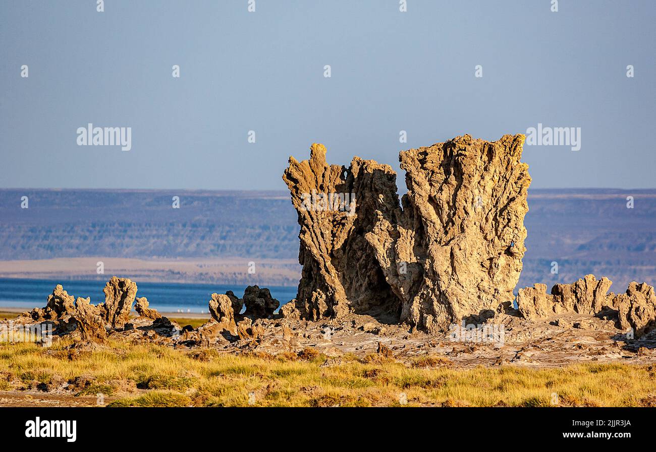 Scultura di roccia intagliata dal vento e l'ambiente al lago di Abbe aka Lac Abbe Bad al confine Etiopia-Gibuti Foto Stock