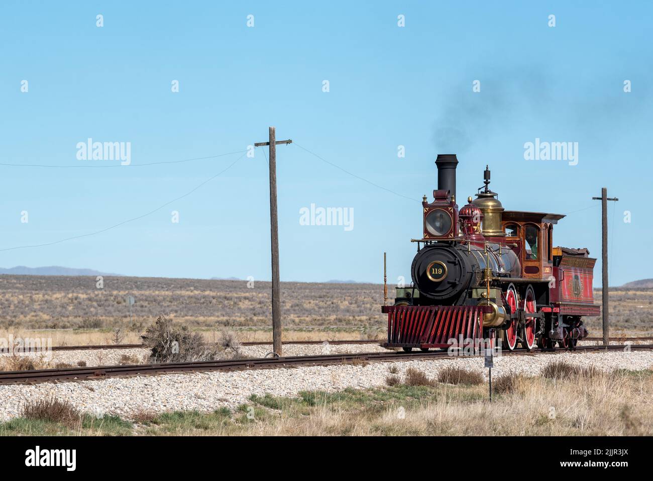 Dimostrazione della locomotiva 119, Golden Spike National Historic Park, Utah. Foto Stock