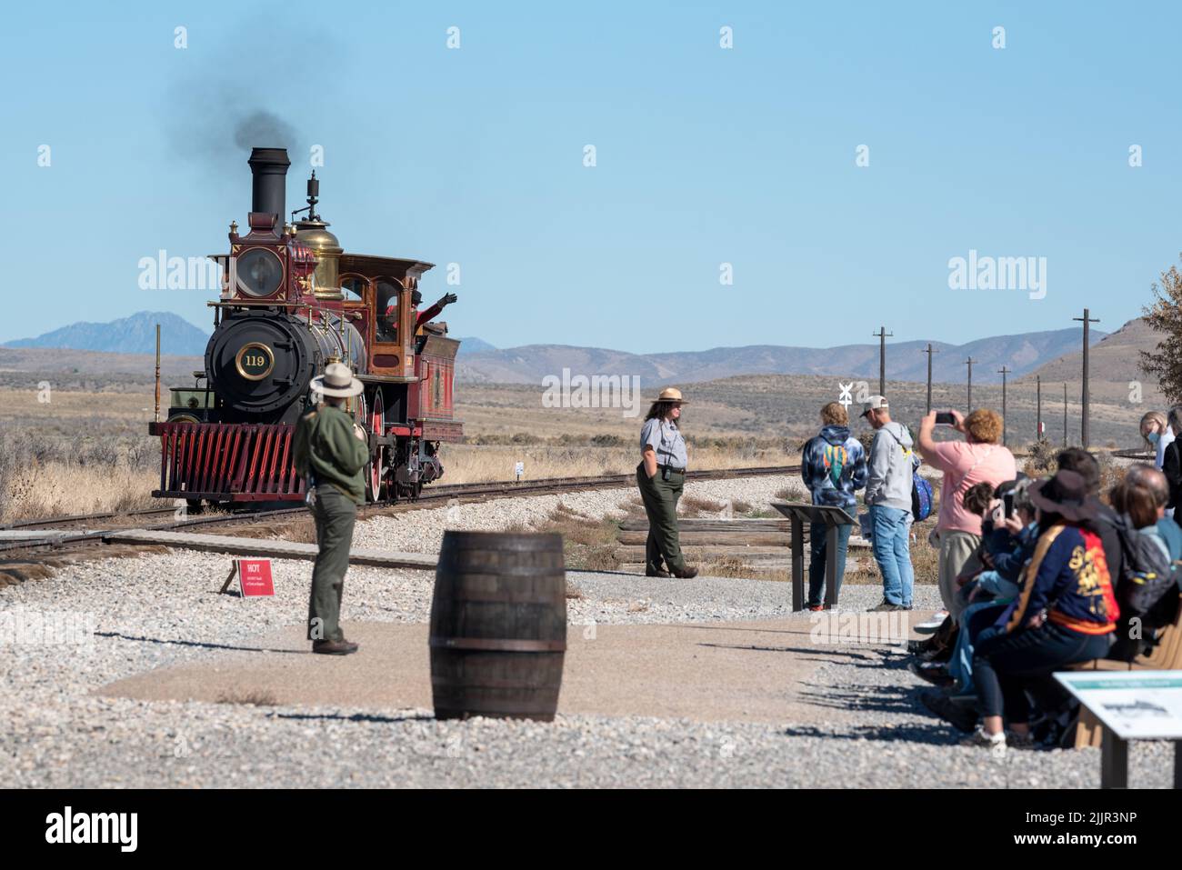 Dimostrazione della locomotiva 119, Golden Spike National Historic Park, Utah. Foto Stock