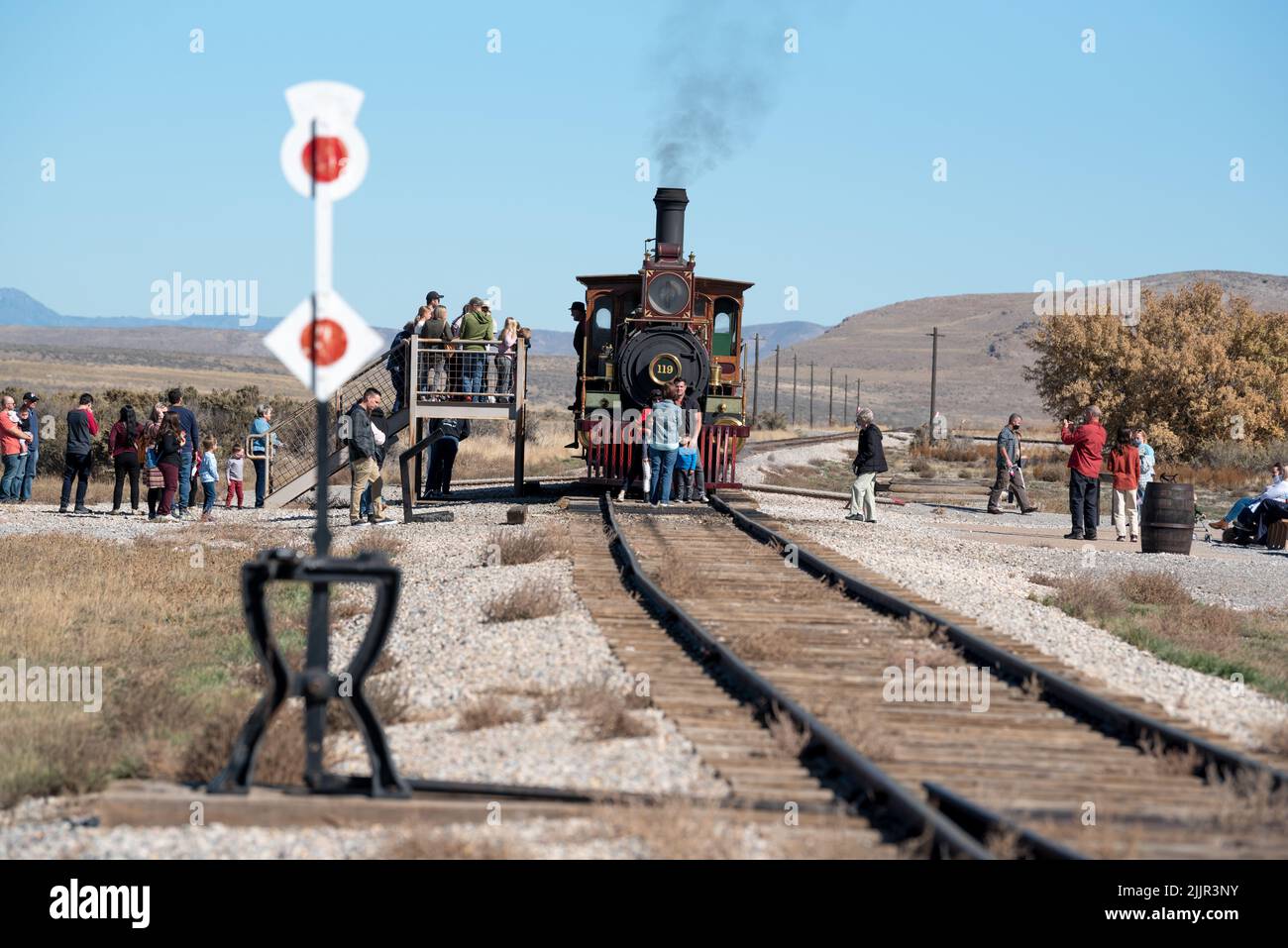 Dimostrazione della locomotiva 119, Golden Spike National Historic Park, Utah. Foto Stock