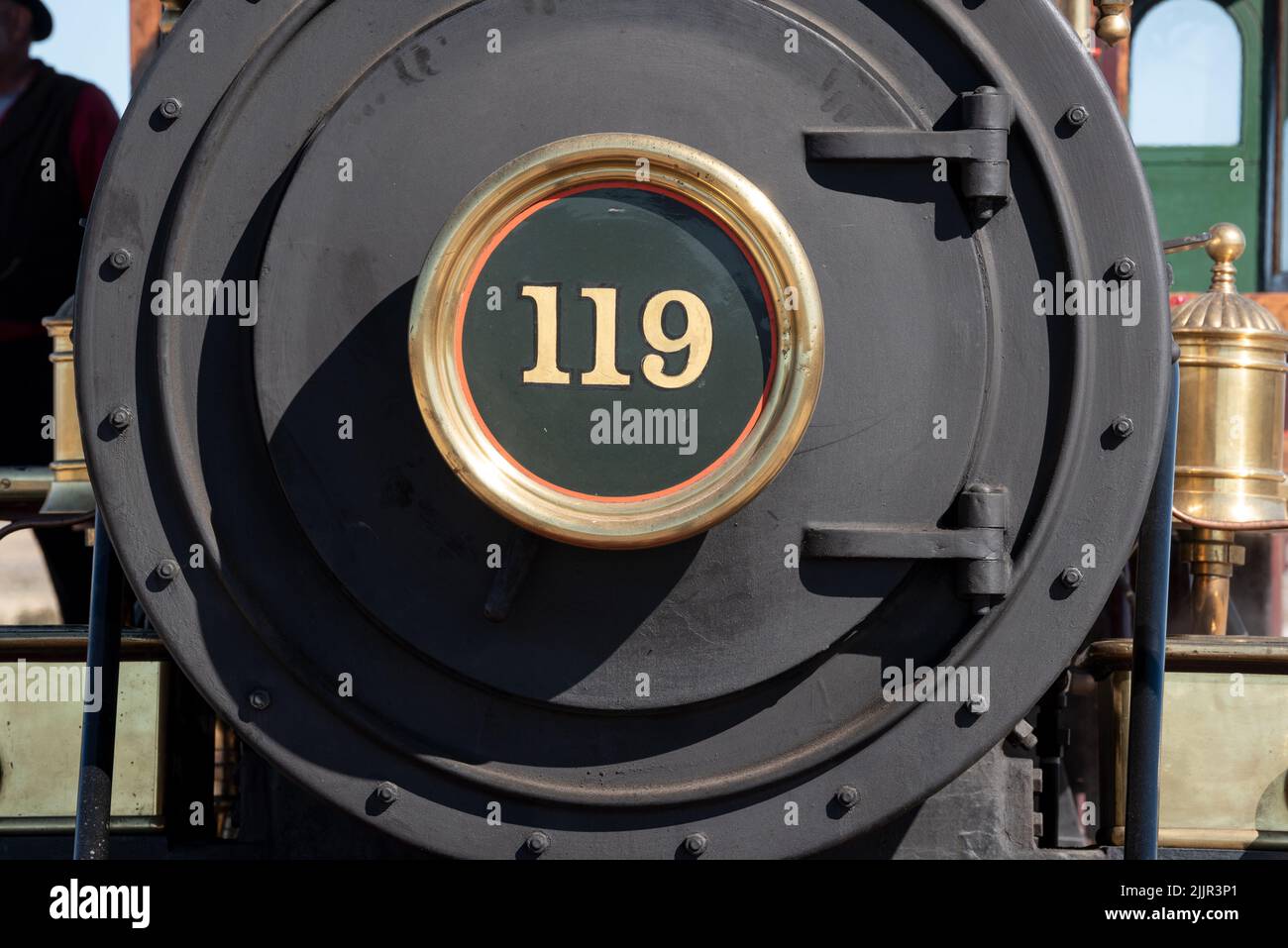 Di fronte alla locomotiva 119, Golden Spike National Historic Park, Utah. Foto Stock