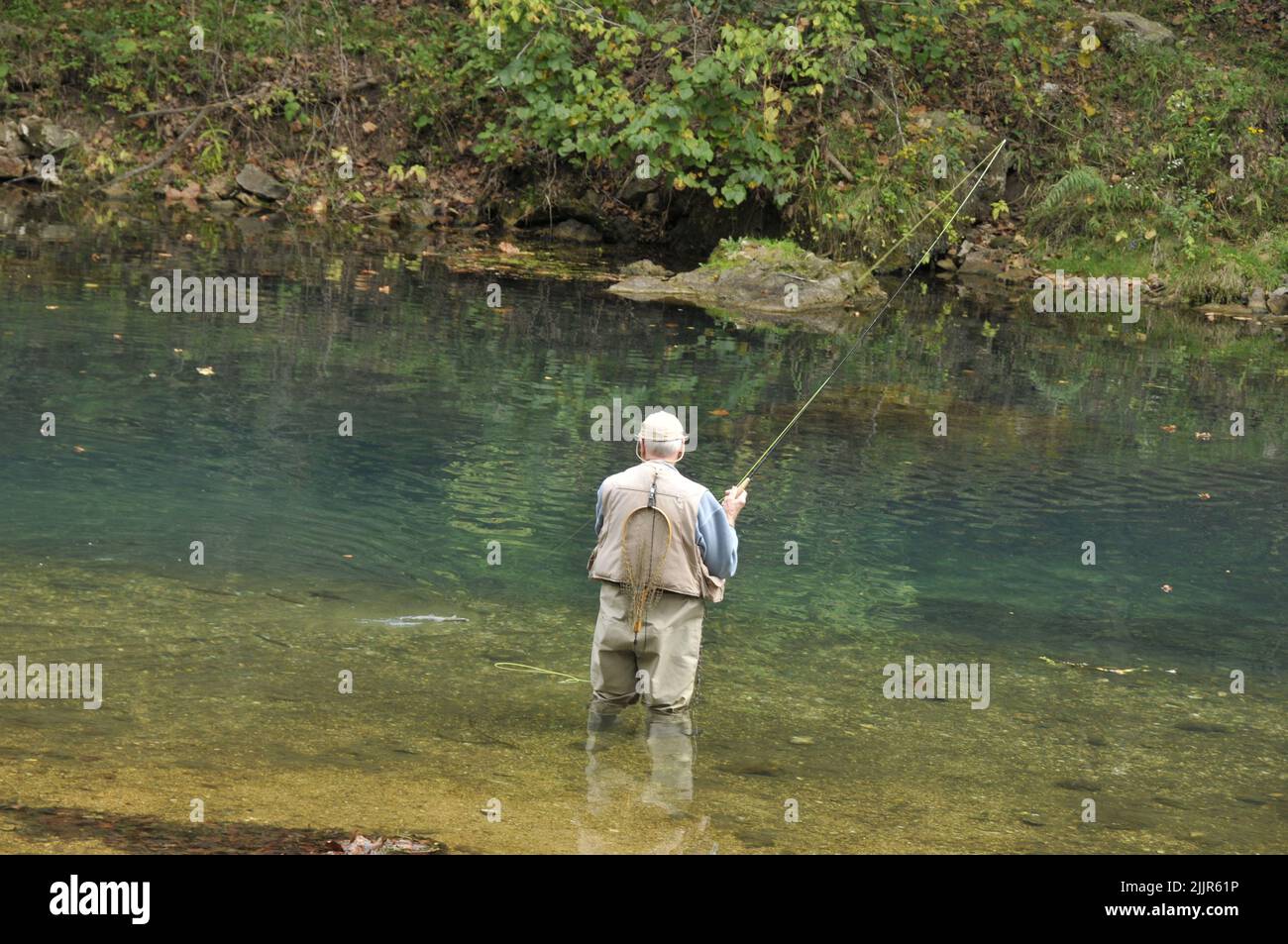 Un pescatore di trote a Bennett Springs vicino al Libano, Missouri Foto Stock