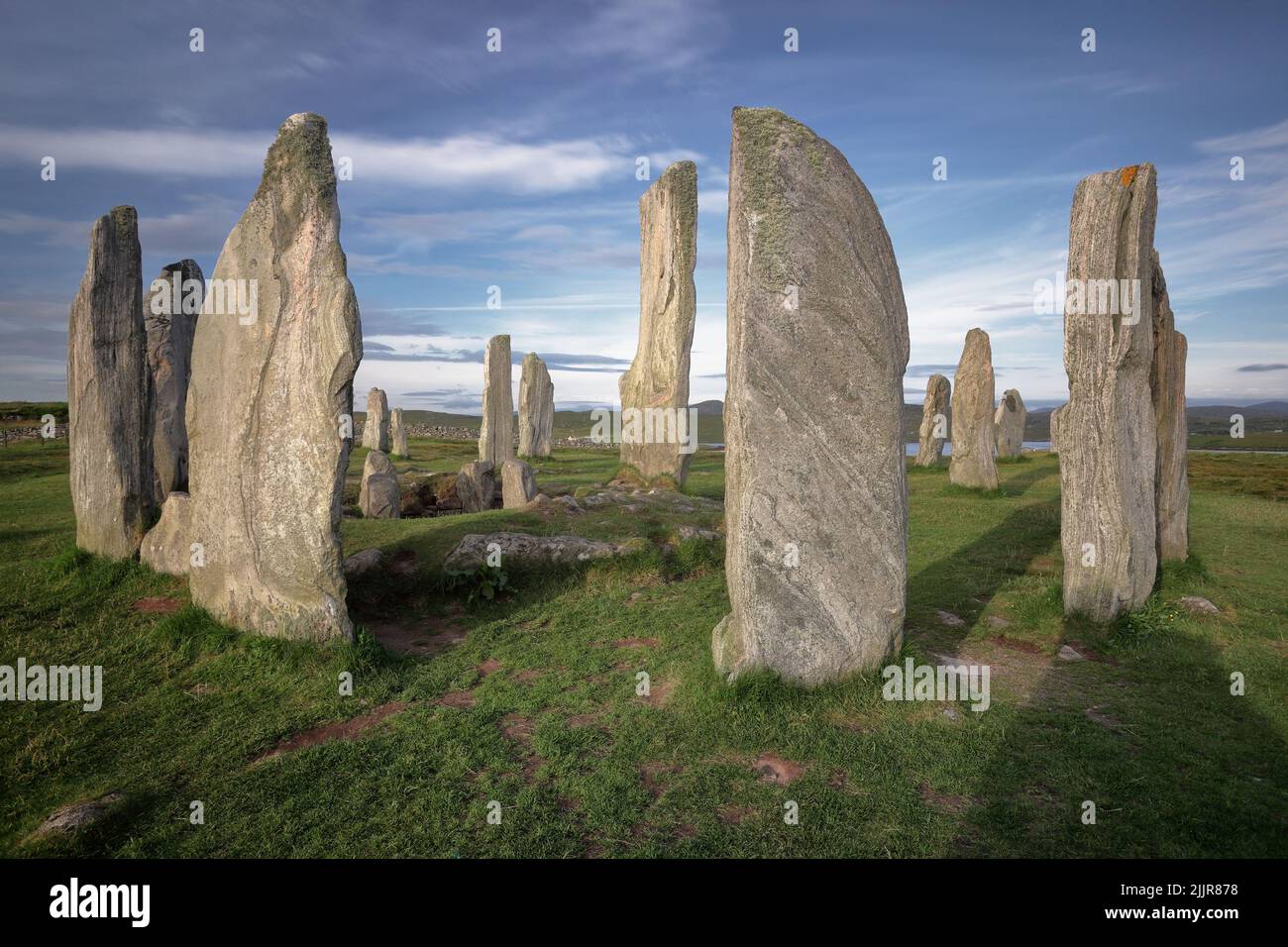 Una vista verticale del Callanish Stone Circle nell'isola di Lewis, Scozia Foto Stock