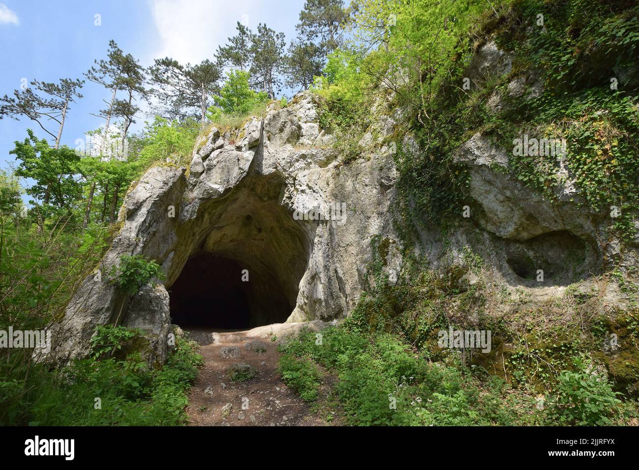 Una vista panoramica di una grotta e alberi verdi sotto il cielo limpido Foto Stock