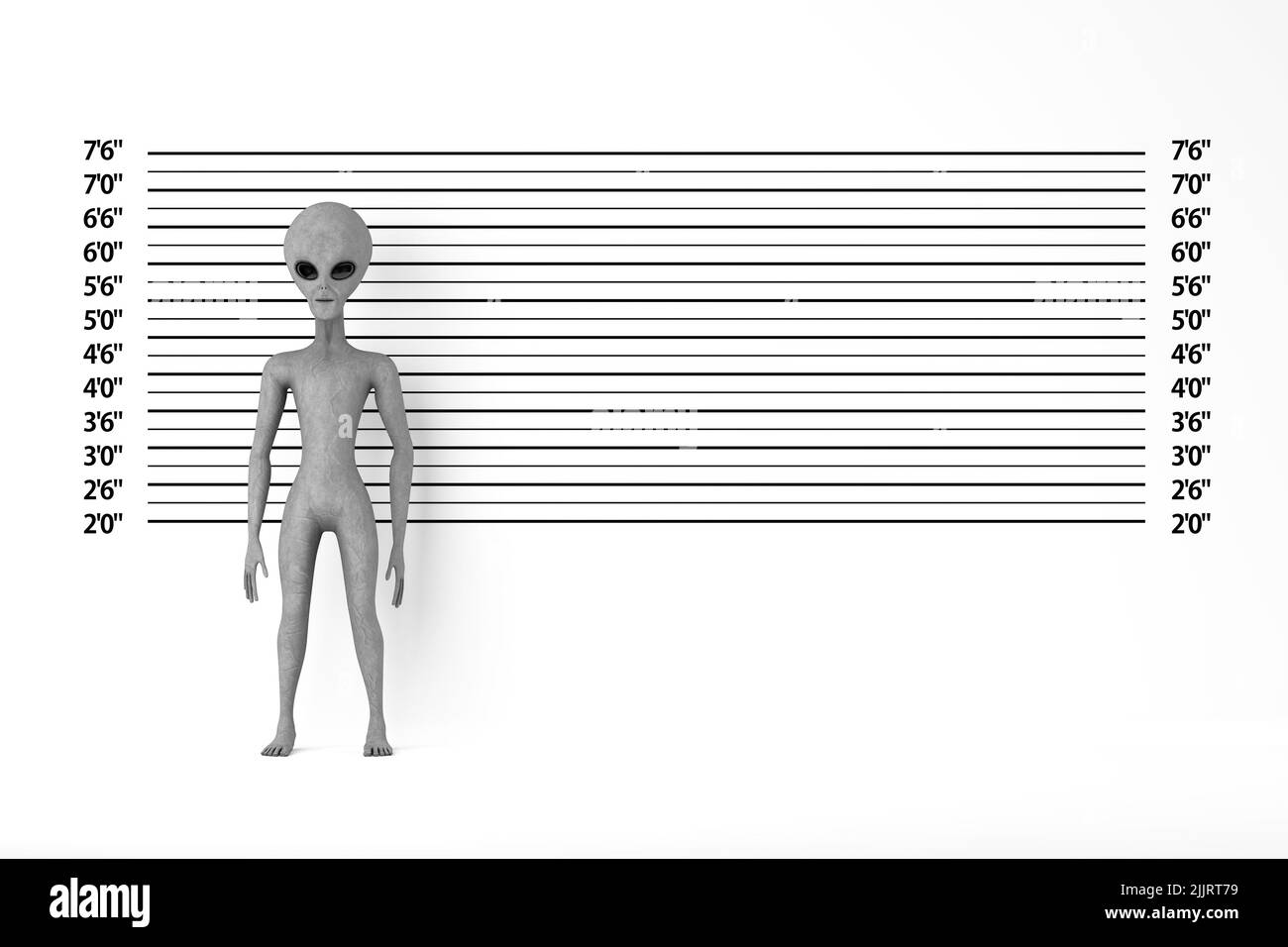 Scary Gray umanoide Alien Cartoon personaggio persona Mascot di fronte alla polizia formazione o Mugshot sfondo estremo primo piano. 3D rendering Foto Stock