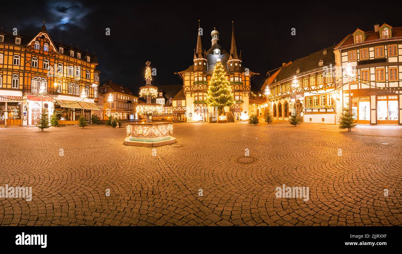 Panorama Wernigerode mercatino di Natale di notte senza gente Foto Stock