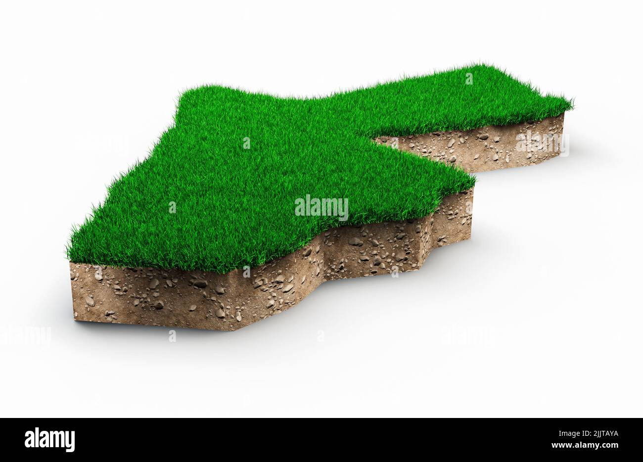 Una rappresentazione del 3D di una mappa Giordania geologia del suolo su sfondo bianco Foto Stock