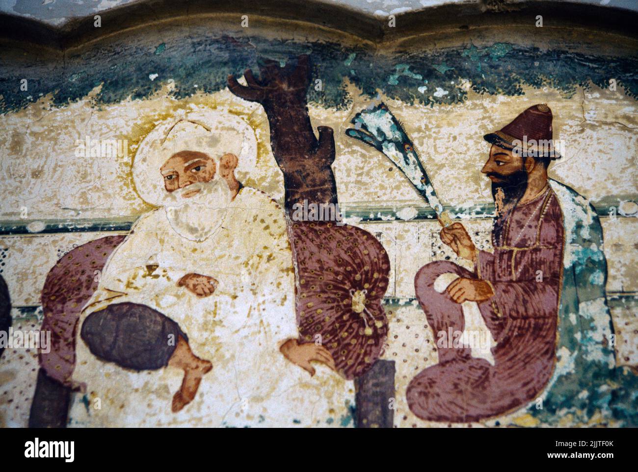 Amritsar India Sikh fresco nel magazzino del tè che mostra Guru Nanak e la Bala indù Foto Stock