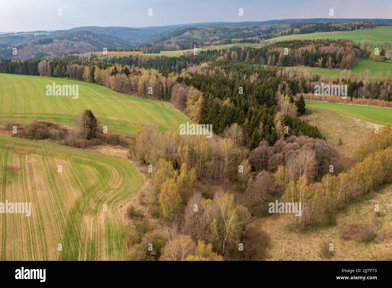 Vista aerea sul paesaggio della Repubblica Ceca, alberi, campi, lago, cielo, persone ne Foto Stock