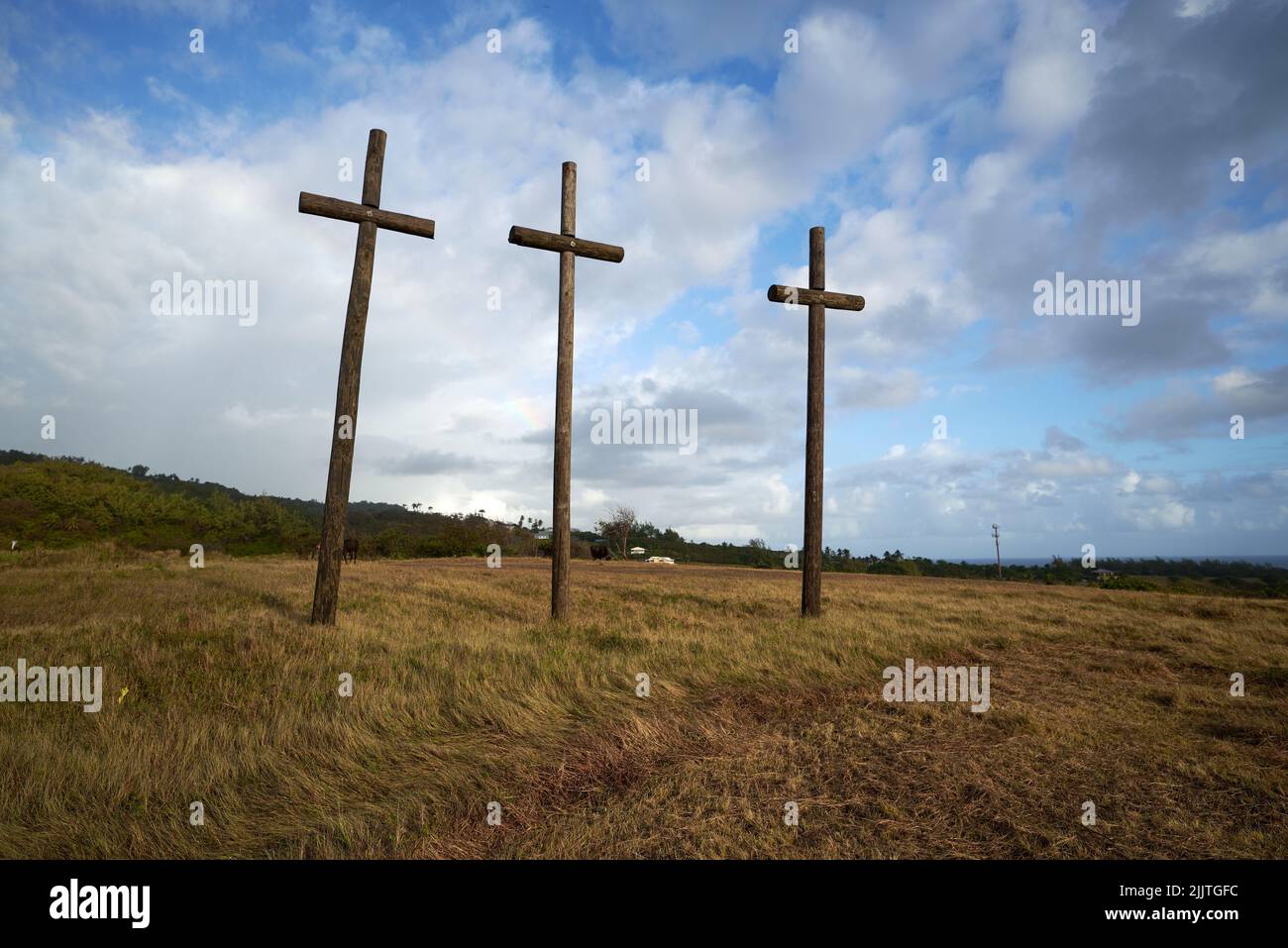 Un angolo basso di tre croci di legno nel campo contro il cielo blu sfondo Foto Stock