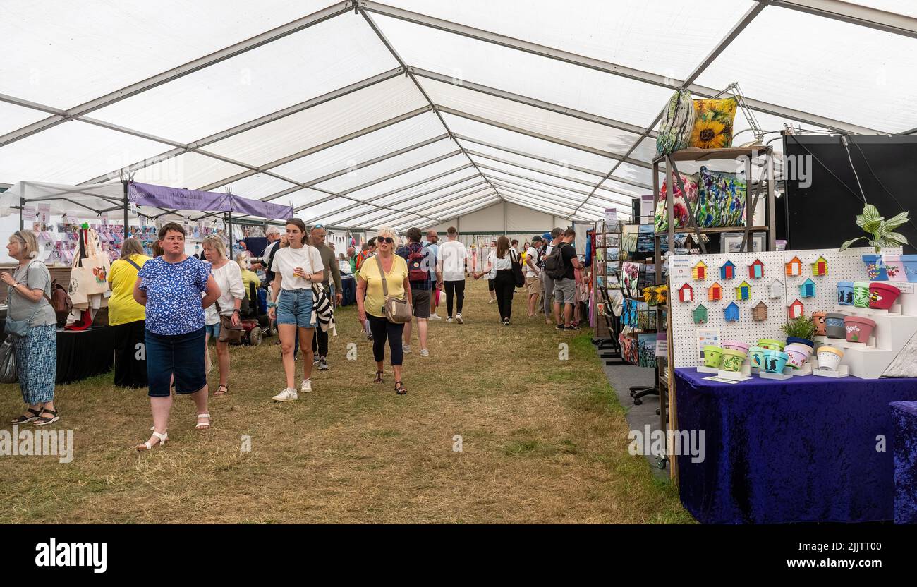 New Forest e Hampshire County Show nel luglio 2022, Inghilterra, Regno Unito. Vista dei visitatori all'interno della tenda artigianale. Foto Stock