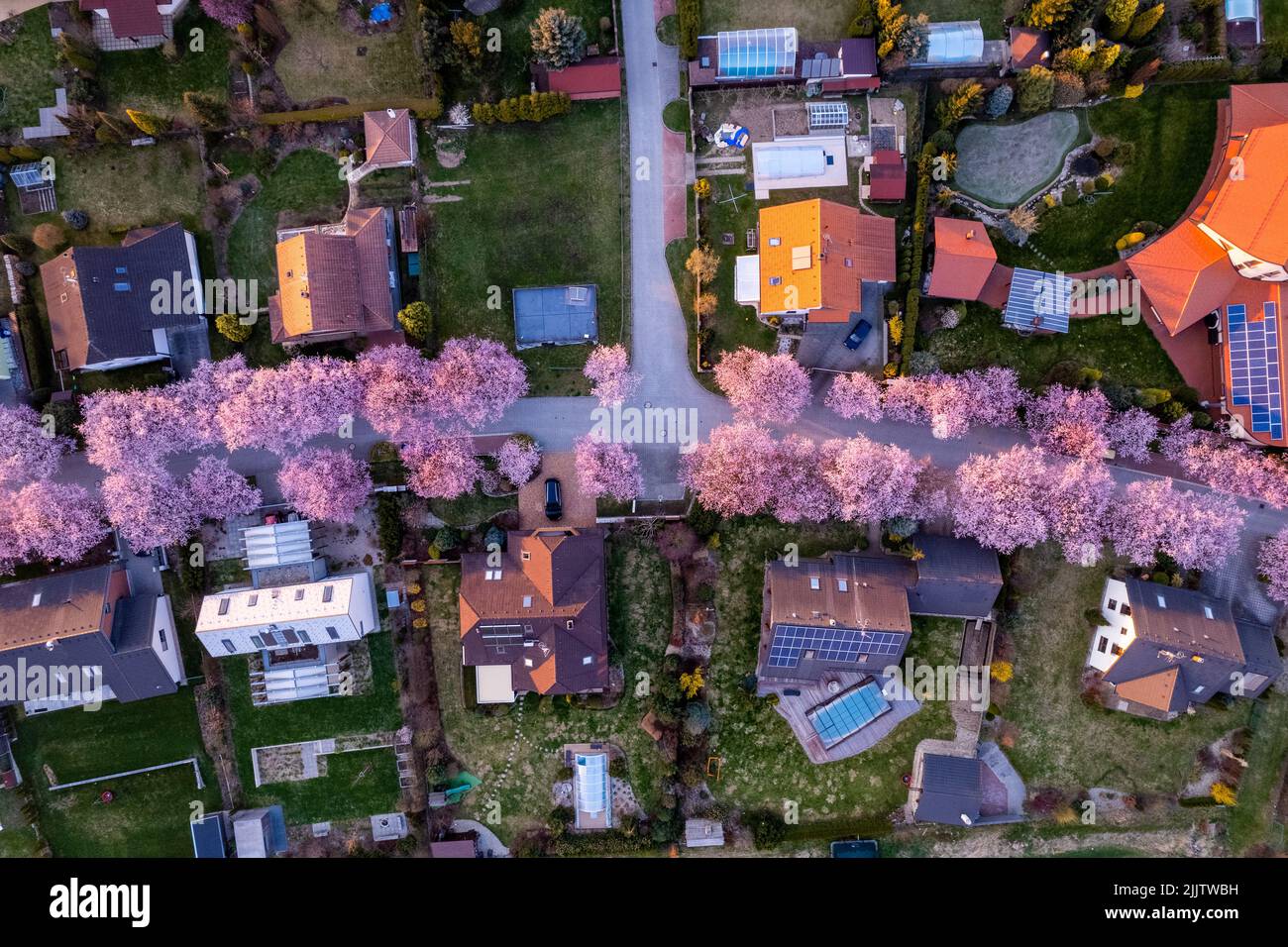Una vista aerea della città di Svitavy con piccole case e fiori di ciliegio nella Repubblica Ceca Foto Stock