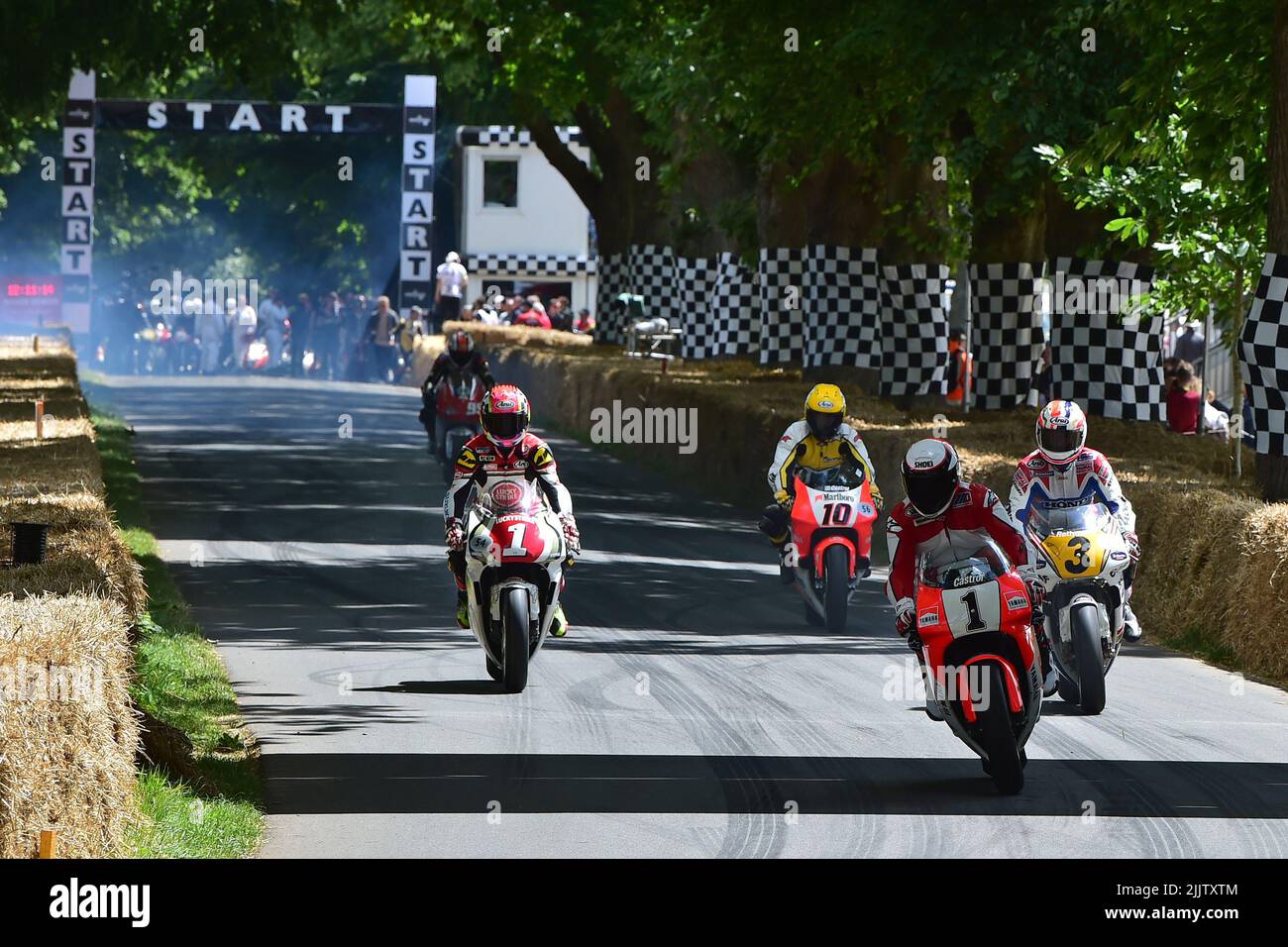 Wayne Rainey, Yamaha YZR500, Mick Doohan, Honda NSR500, due ruote Grand Prix Heroes, Goodwood Festival of Speed, The Innovators - Masterminds of Motor Foto Stock