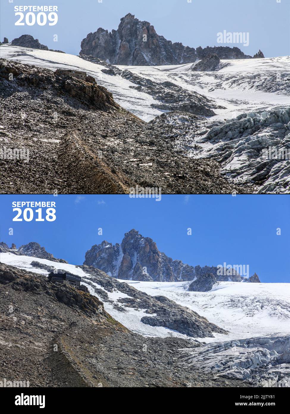 Un confronto del margine di ghiaccio del ghiacciaio Tour tra il 2009 e il 2018 Foto Stock