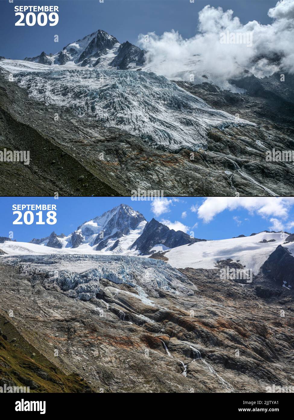 Un confronto del margine di ghiaccio del ghiacciaio Tour tra il 2009 e il 2018 Foto Stock