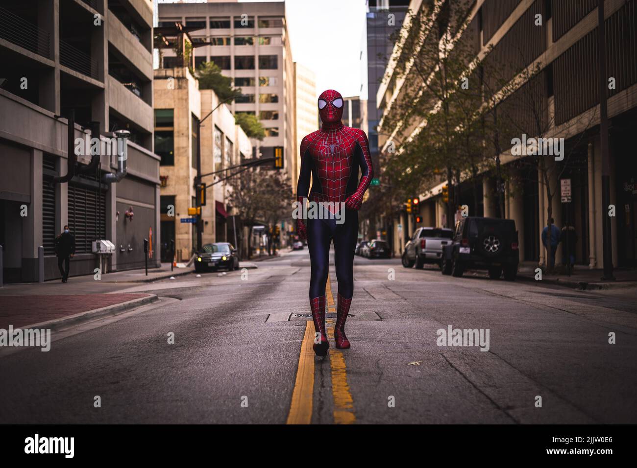 Uno Spiderman nel centro di Fort Worth, Texas Foto Stock