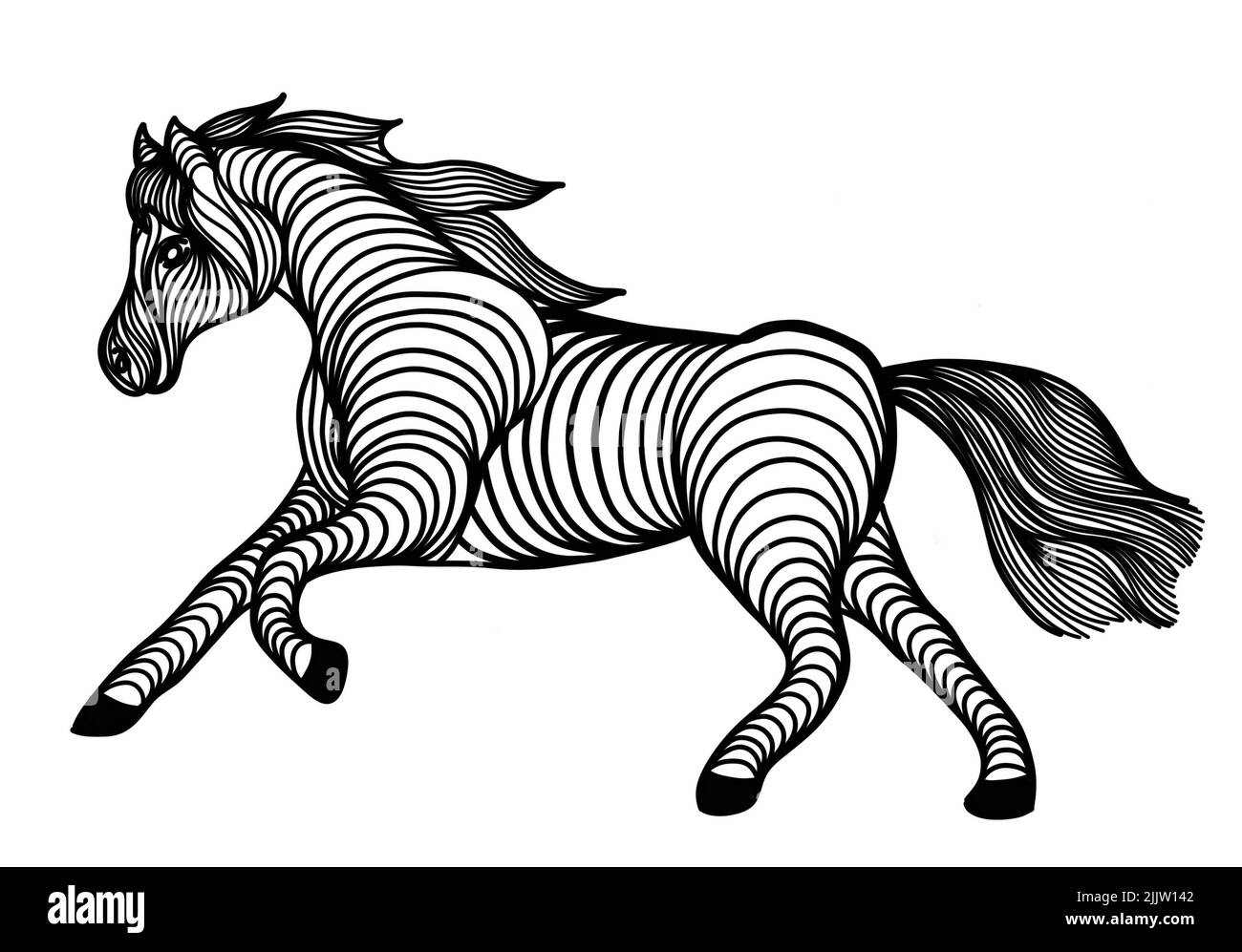 Un disegno digitale unico in bianco e nero di un cavallo per sfondo, logo e altre esigenze di illustrazione Foto Stock