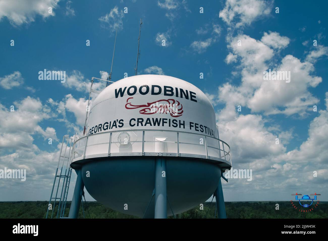 Un'inquadratura a basso angolo della torre dell'acqua Woodbine che celebra il suo festival annuale di gamberi in Georgia Foto Stock