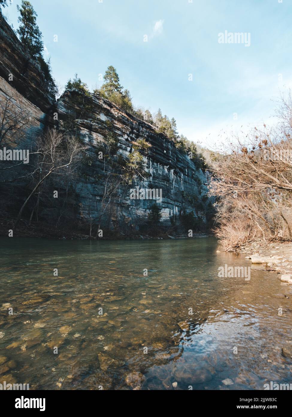 Un colpo verticale del fiume Buffalo e scogliera sullo sfondo di un cielo blu Foto Stock