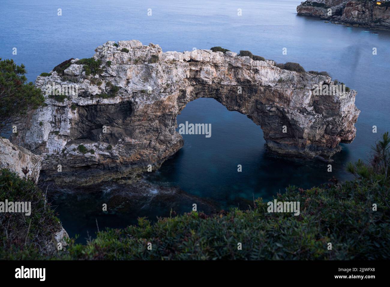 L'arco es pontas a Mallorca, Spagna all'alba con alcuni cespugli in primo piano Foto Stock