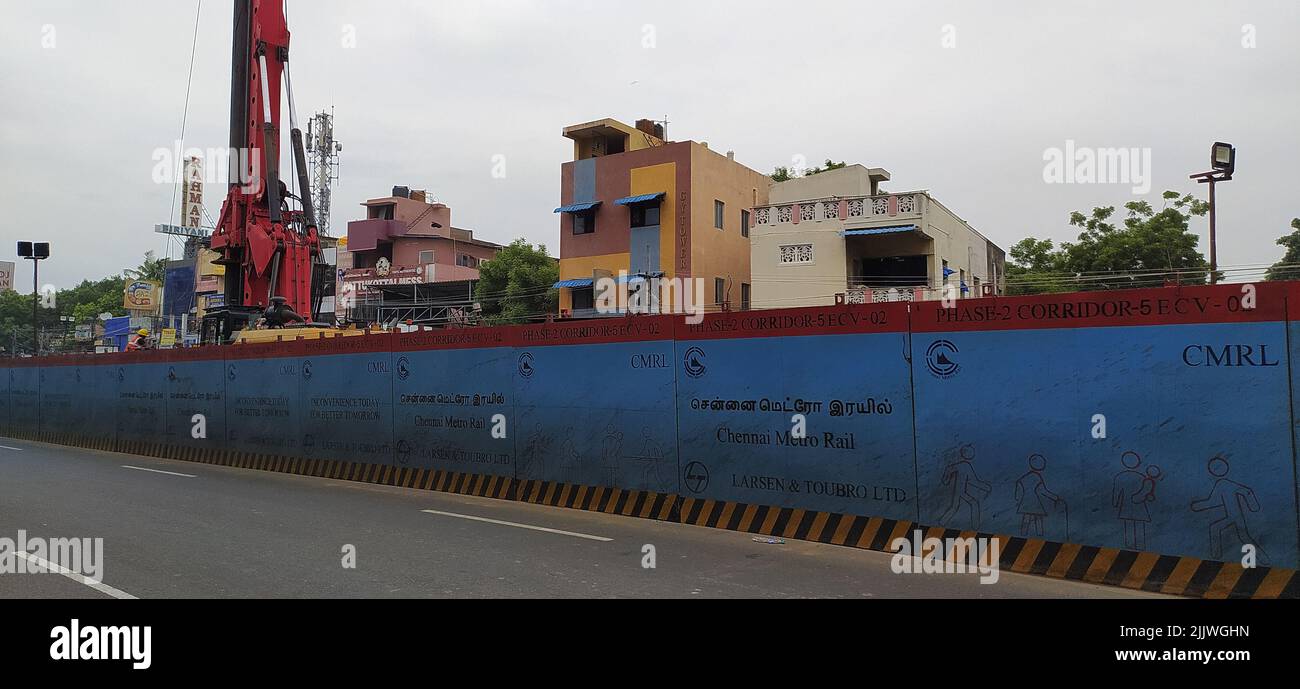 Stazione della metropolitana di Chennai fase due cantiere a Arcot Road a guindy a Vadapalani. Foto Stock
