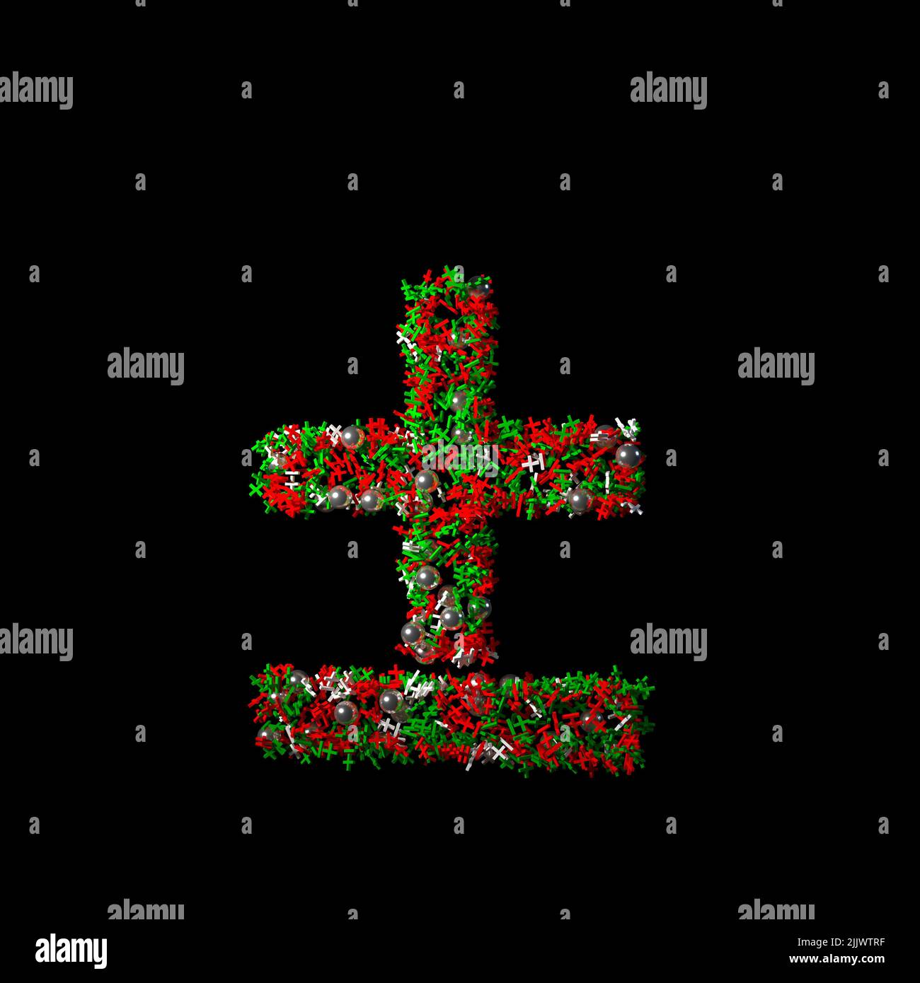 Sparso verde e rosso Natale come carattere isolato su uno sfondo nero Foto Stock