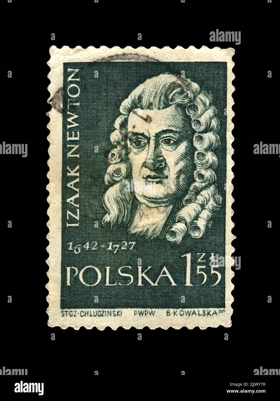 Isaak Newton (1642-1727), famoso scienziato, esploratore, circa 1959. Timbro postale vintage della Polonia isolato su sfondo nero. Foto Stock