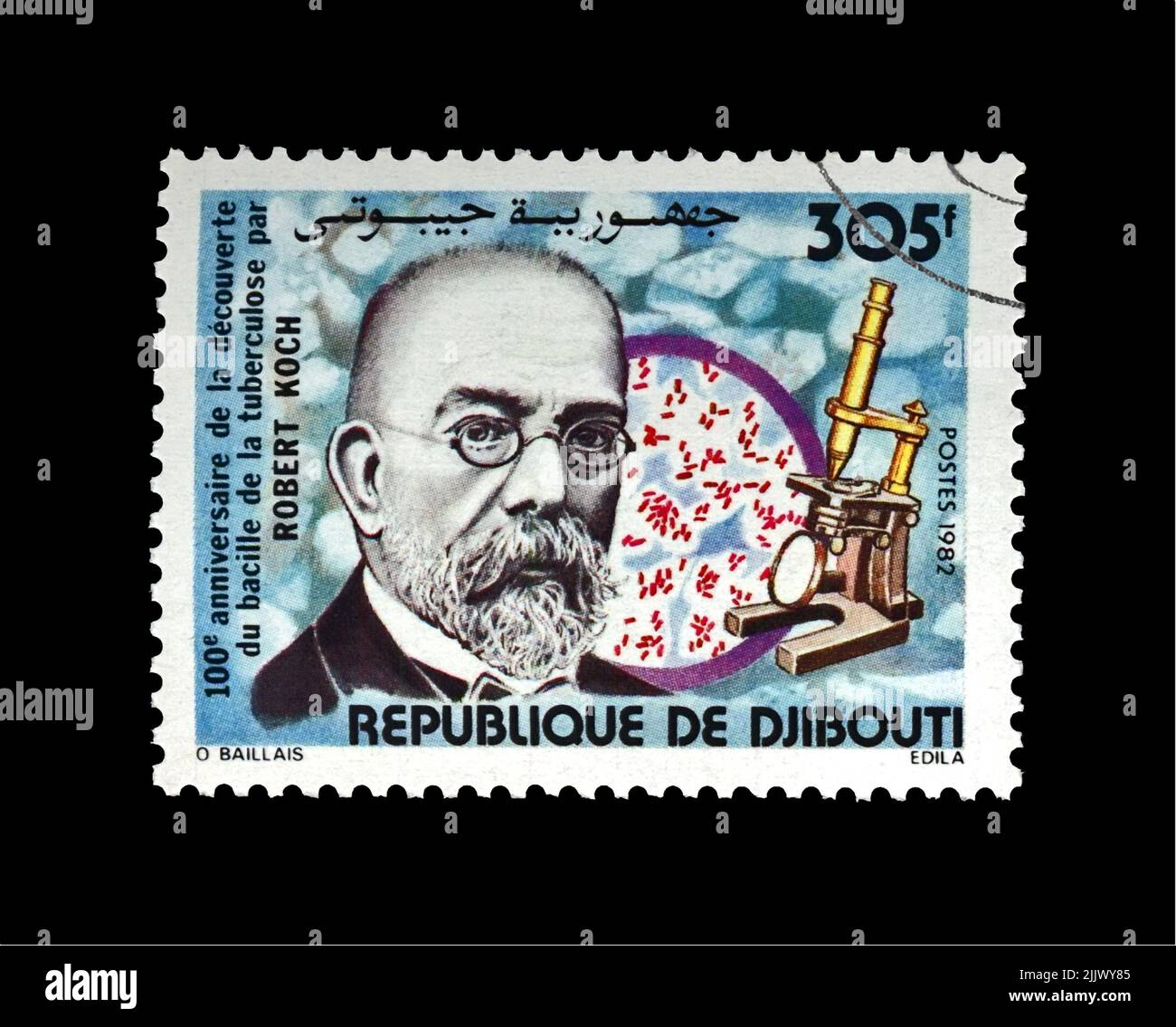 Robert Koch (1843-1910), scienziato della tubercolosi, esploratore, scopritore del bacillo tubercolare, circa 1982. Timbro postale vintage di Gibuti isolato Foto Stock