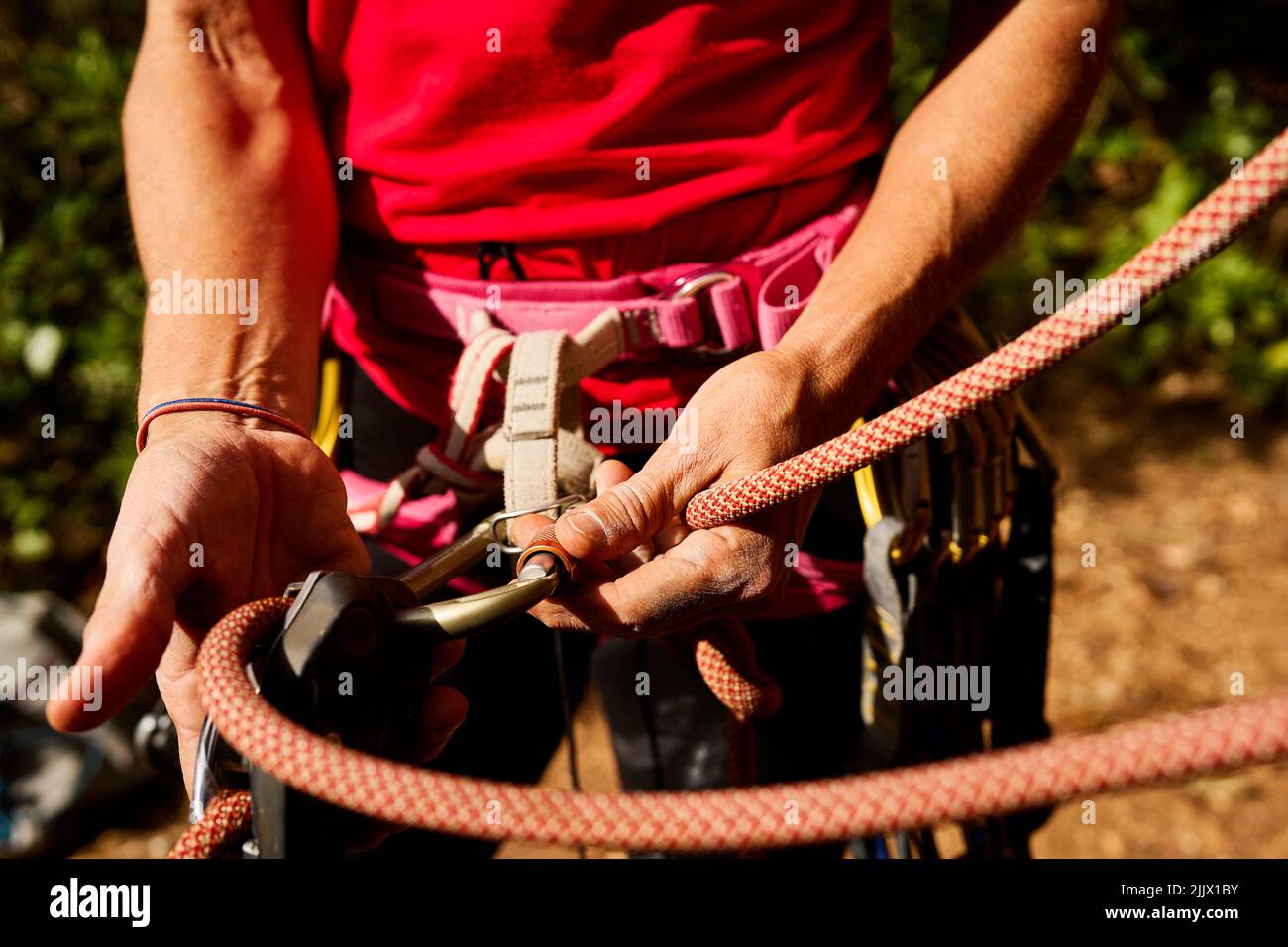 Ritagliato irriconoscibile della corda di legatura femminile attiva su imbracatura mentre si prepara per l'arrampicata Foto Stock