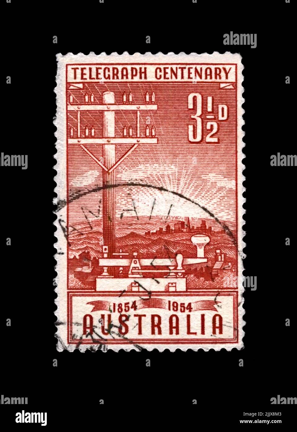 telegraph polo e chiave, 100th° anniversario di inaugurazione del telegrafo in Australia, circa 1954. Timbro postale annullato stampato in Australia Foto Stock