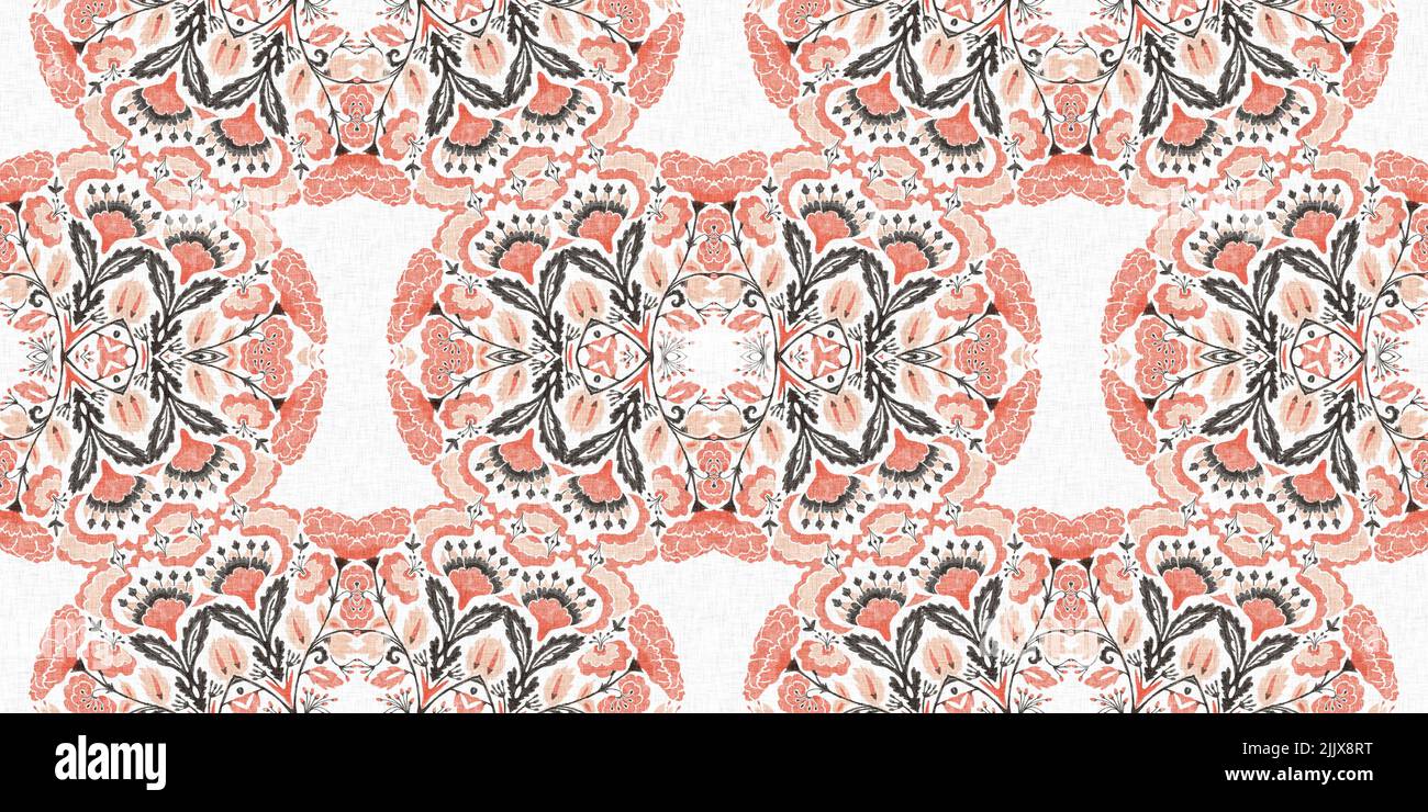 Moderno motivo boho geometrico trapuntato floreale senza cuciture. Shabby chic scandi rifiniture bordo fondo con effetto banner in lino. Foto Stock