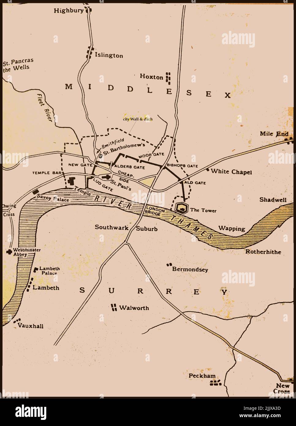 Una mappa di Londra come sarebbe stato in Geoffrey Chaucer (poeta inglese) tempo (circa 1400) Foto Stock