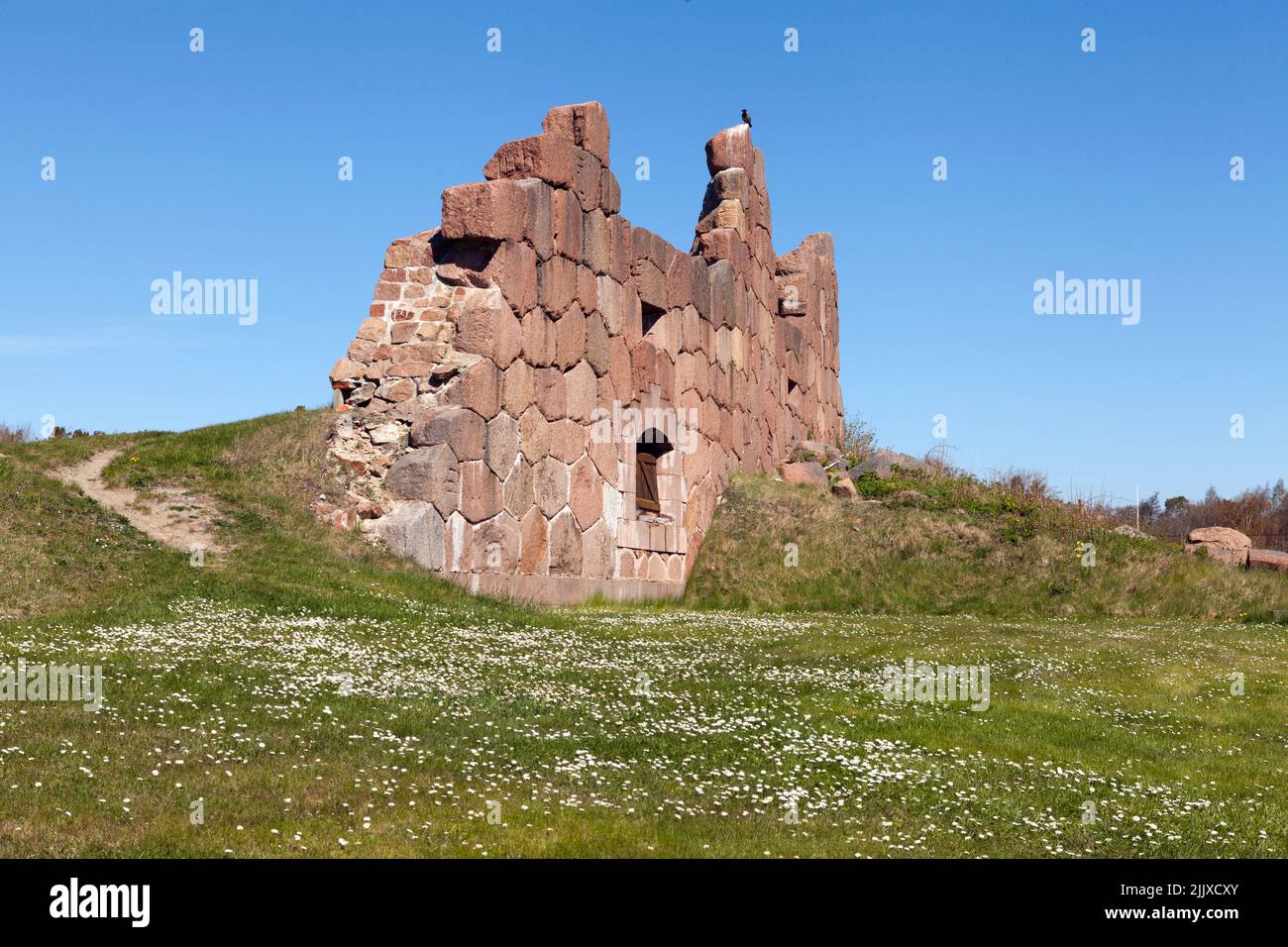 Vista di una fortezza in rovina nella Bomarsund, Aland. Un xix secolo fortezza costruita durante la Guerra di Crimea. Fiori questo lato. Foto Stock