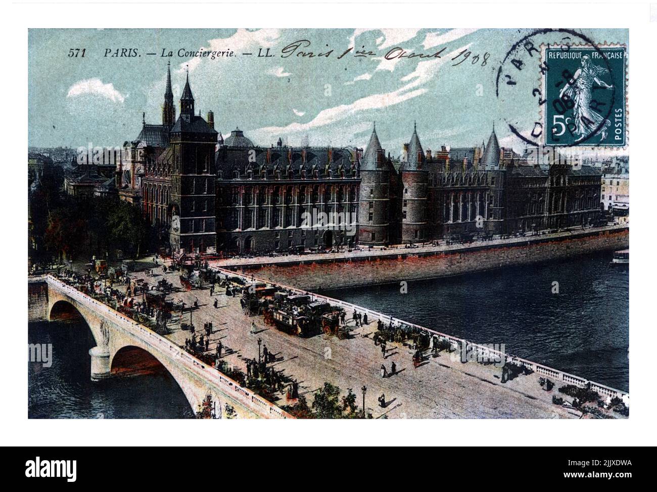 Palais de Justice, Conciergerie e Pont au Change, Pais, Francia, circa 1908. Il ponte è stato costruito nel 1858-1860. vintage cancellato cartolina Foto Stock