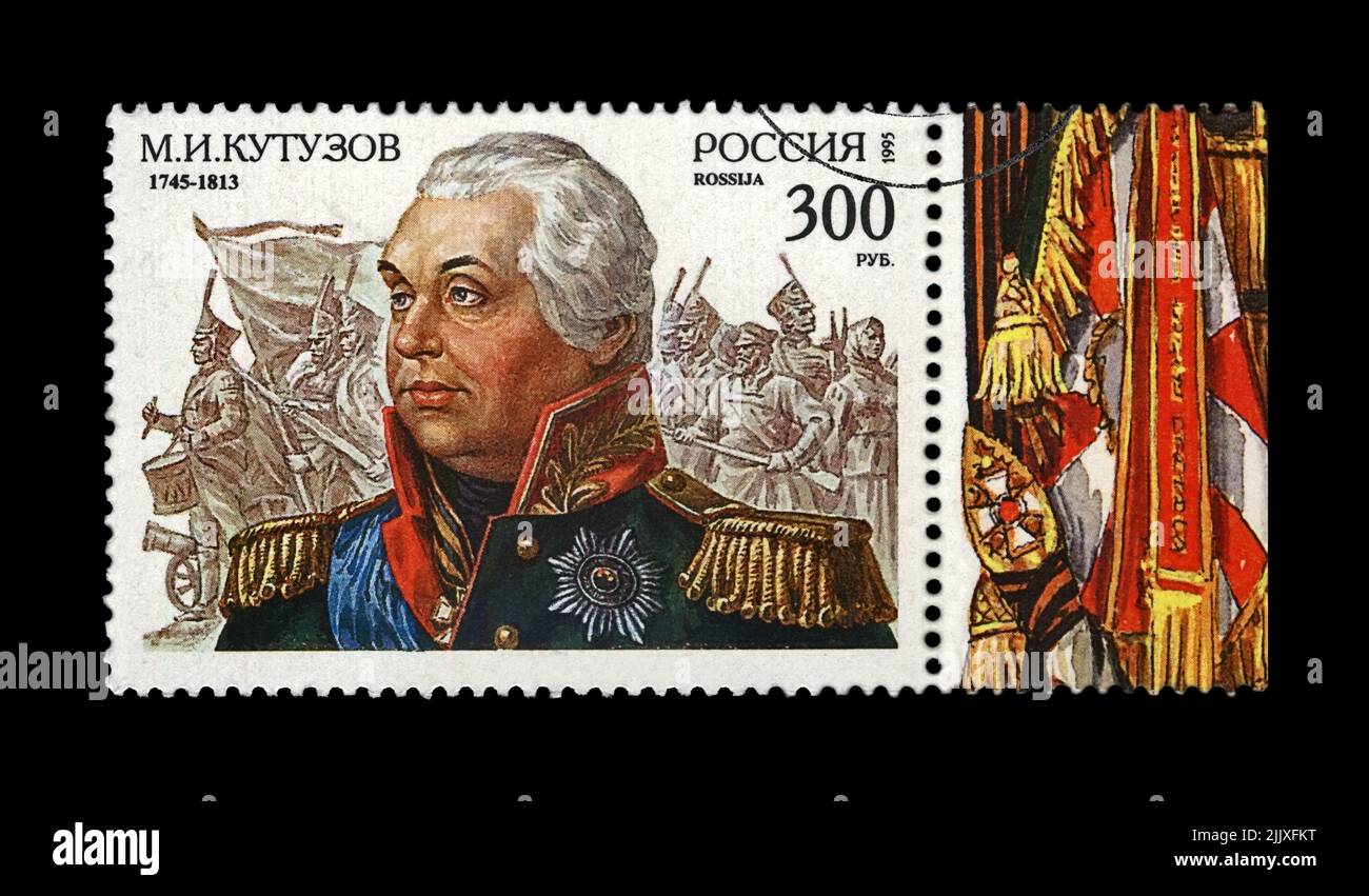 Kutuzov (1745-1813), famoso comandante militare russo, circa 1995. Francobollo postale cancellato stampato in Russia isolato su sfondo nero. Foto Stock