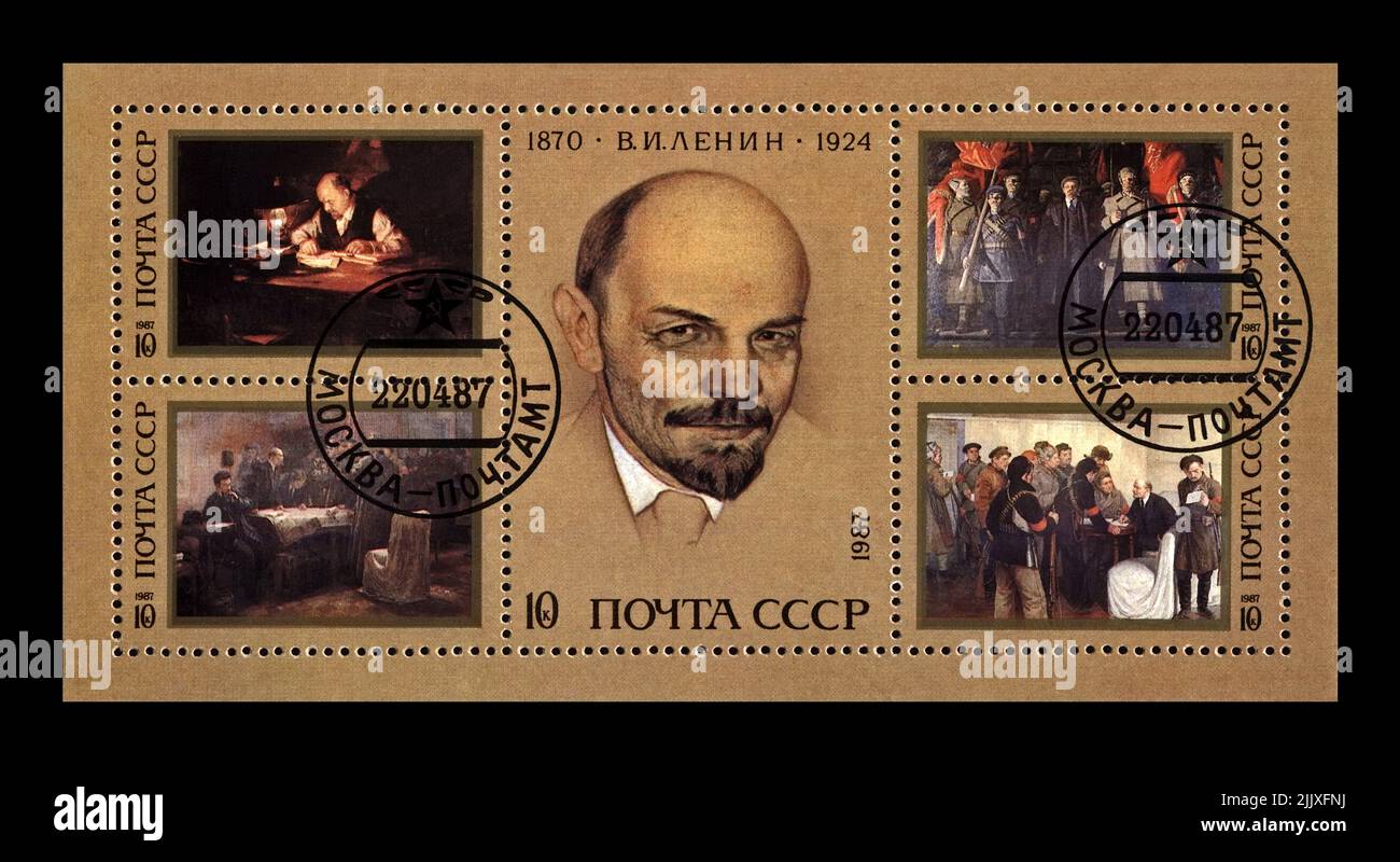 Vladimir Uliyanov (Lenin, 1870-1924), famoso leader del proletariato politico sovietico, circa 1987. Francobollo postale cancellato stampato in URSS isolato Foto Stock