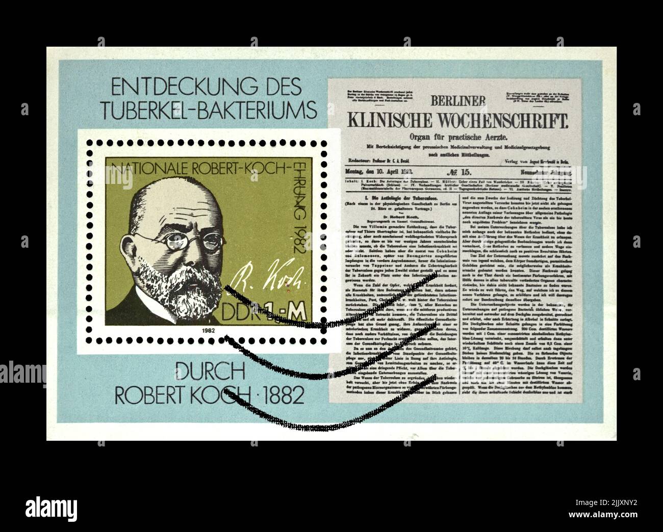 Robert Koch, TB Bacillus Centenary, circa 1982. Tuberculosis scienziato, esploratore. timbro postale vintage isolato su sfondo nero. Foto Stock