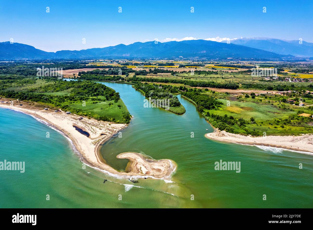 Veduta aerea del delta del fiume Pineios, Larissal, Tessaglia, Grecia. Foto Stock