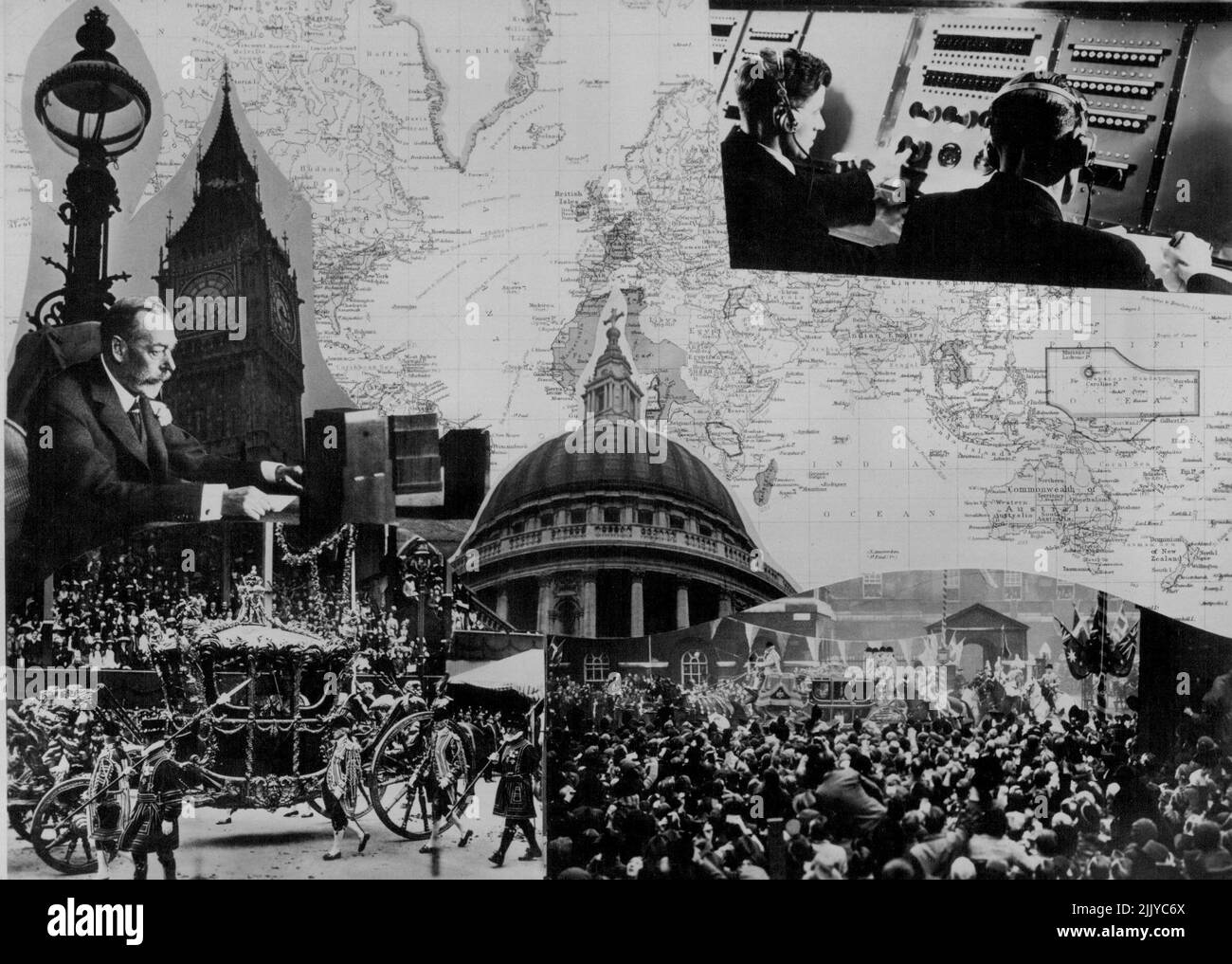 L'illustrazione include H.M. il Re al microfono; il Big ben in alto a sinistra; la scena in basso a sinistra all'incoronazione; il centro della cupola della Cattedrale di St.Paul in basso a destra la folla di Londra che guarda una processione reale; gli ingegneri di controllo in alto a destra del B.B.C. in servizio alla Broadcasting House di Londra. Maggio 02, 1935. (Foto di Empire Press). Foto Stock