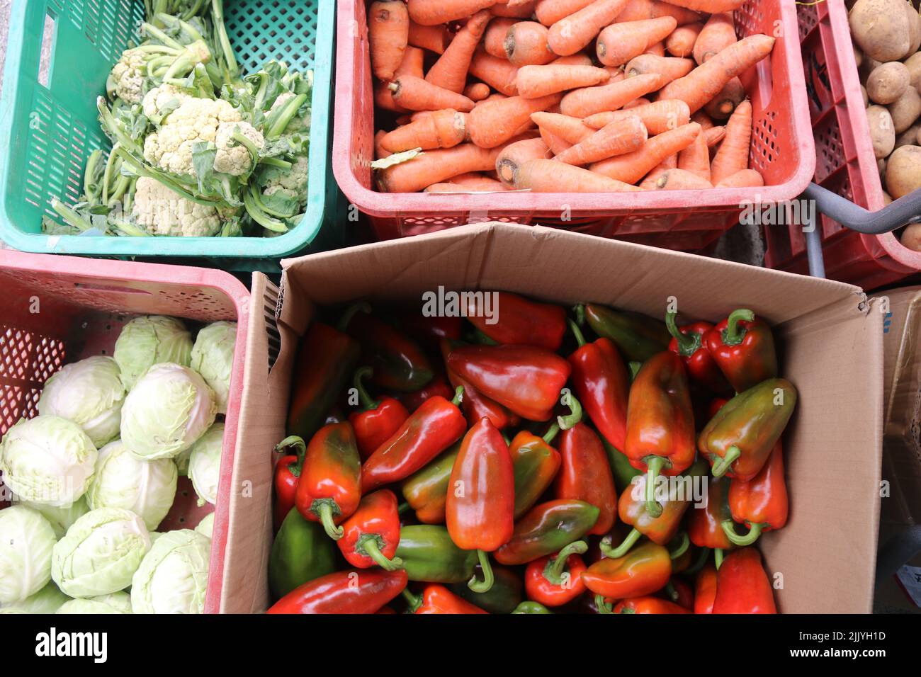 ortaggi visualizzati in casse in un mercato Foto Stock