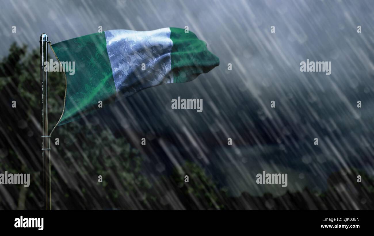 Bandiera della Nigeria con pioggia e nuvole scure, pioggia doccia simbolo pioggia - natura 3D rendering Foto Stock