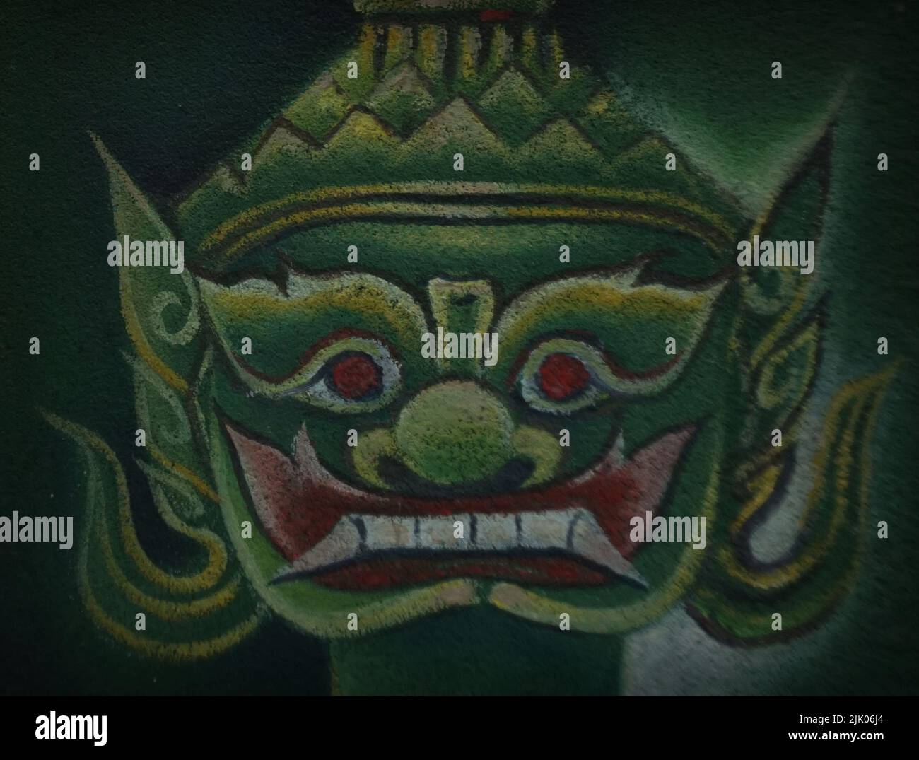 Arte pittura ad olio storia Ramayana nel grande palazzo di bangkok , giganti guardiani Foto Stock