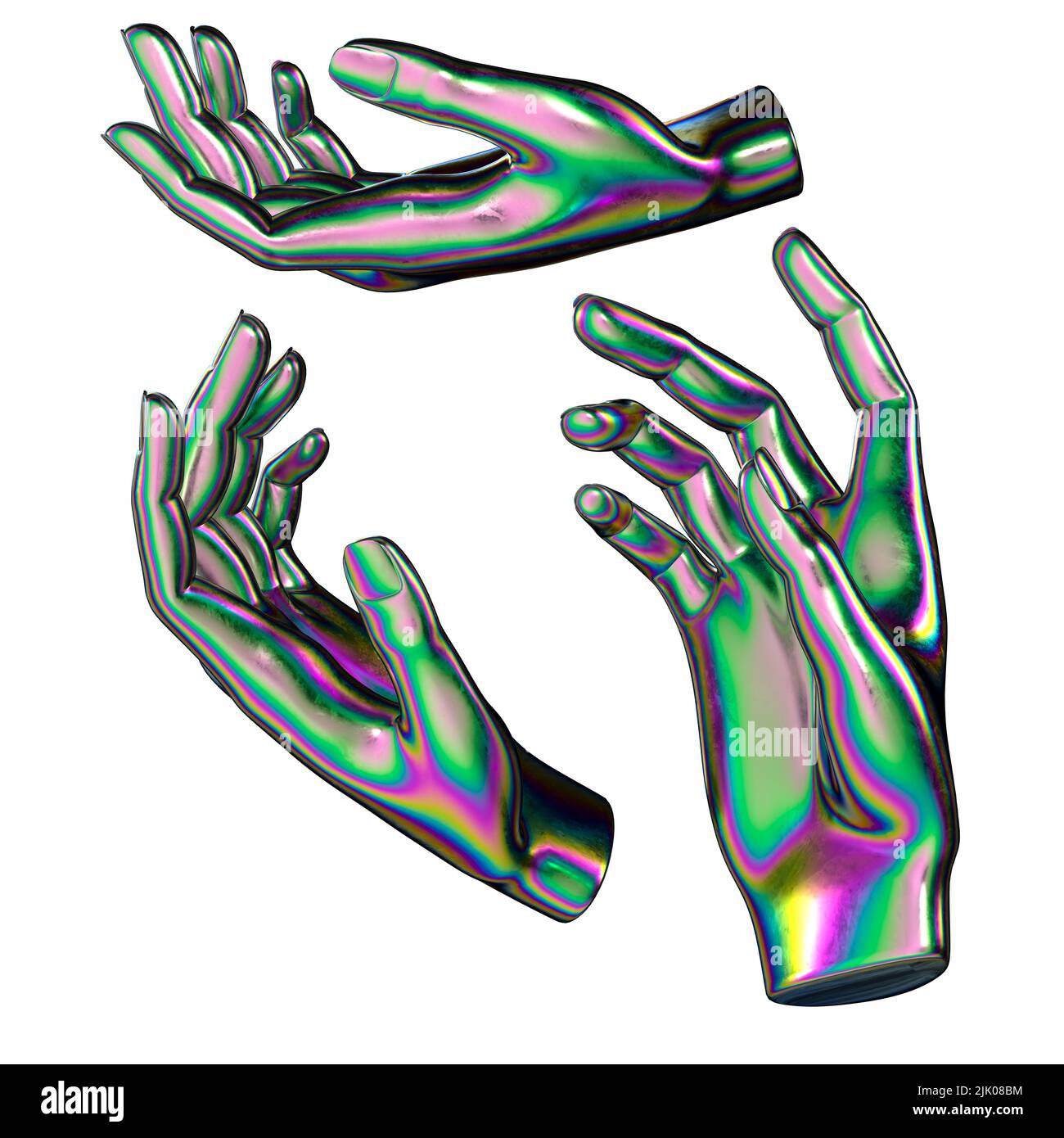 Lancette futuristiche iridescenti metalliche in diverse pose con colori psichedelici - 3D illustrazione della statua della scultura delle mani umane Foto Stock