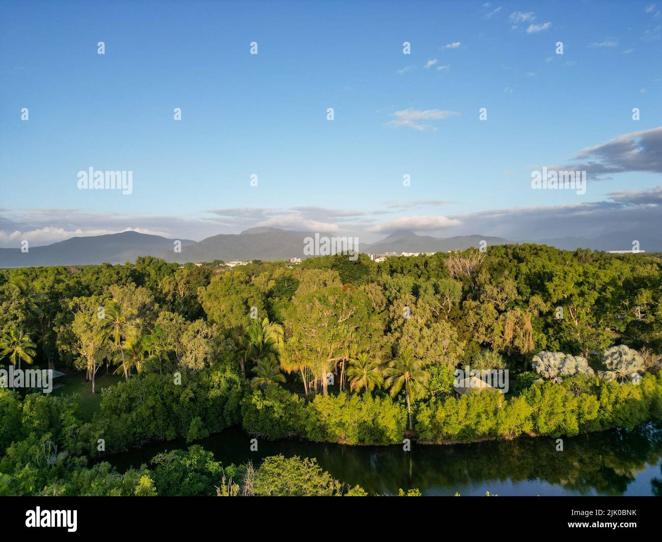 Vista aerea del giardino botanico di Cairns e delle montagne al tramonto Foto Stock
