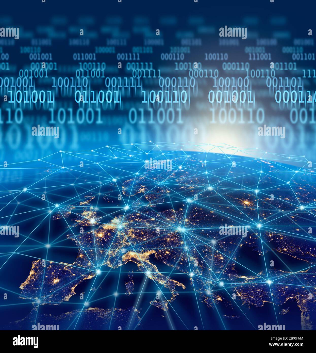 Flusso di dati binari della rete digitale globale in background scuro, concetto di tecnologia astratta. Alcuni elementi dell'immagine fornita dalla NASA. Foto Stock