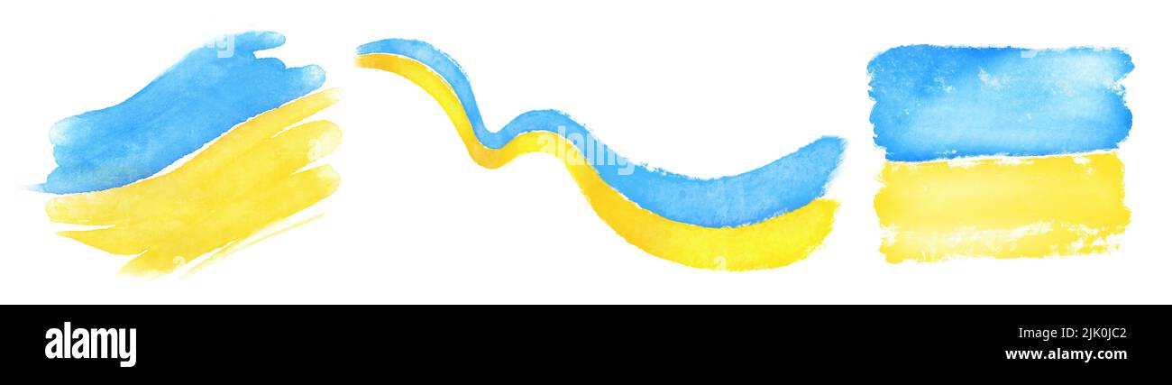 Bandiera acquerello del paese Ucraina. Raccolta di tre bandiere. Simbolo ucraino dipinto a mano isolato su sfondo bianco. Nazionale blu e giallo Foto Stock