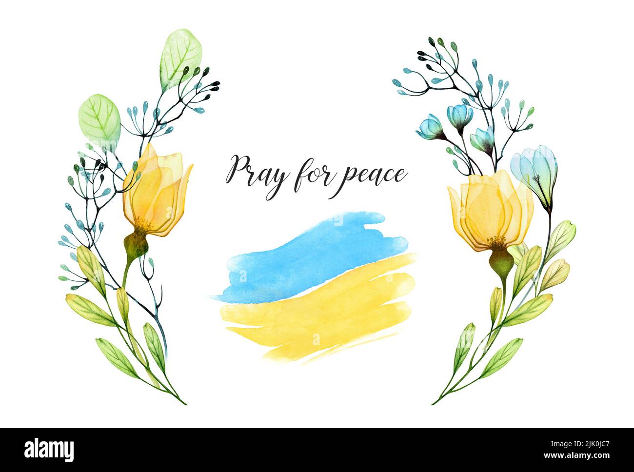 Modello di carta acquerello con bandiera Ucraina nazionale. Pregate per il testo della pace. Bouquet floreale con rose gialle e gocce di neve blu. Composizione astratta Foto Stock