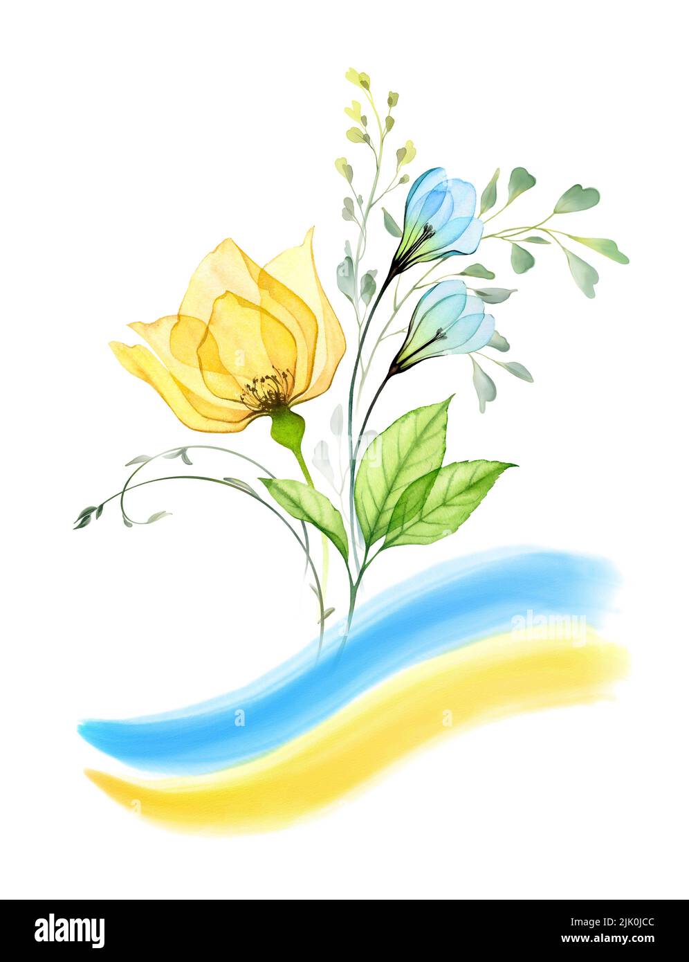 Modello di carta acquerello con bandiera Ucraina nazionale. Bouquet floreale con rose gialle e gocce di neve blu. Composizione astratta con colori simbolici Foto Stock